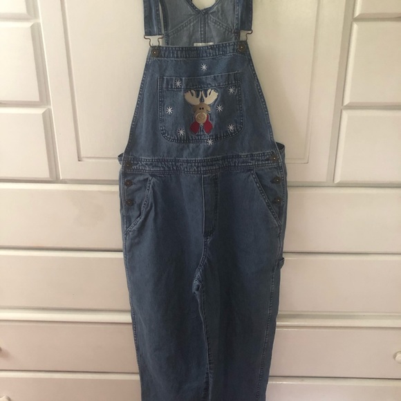 Christmas Jean Overalls Reindeer overalls blue denim cut offs Ladies medium - Picture 2 of 15